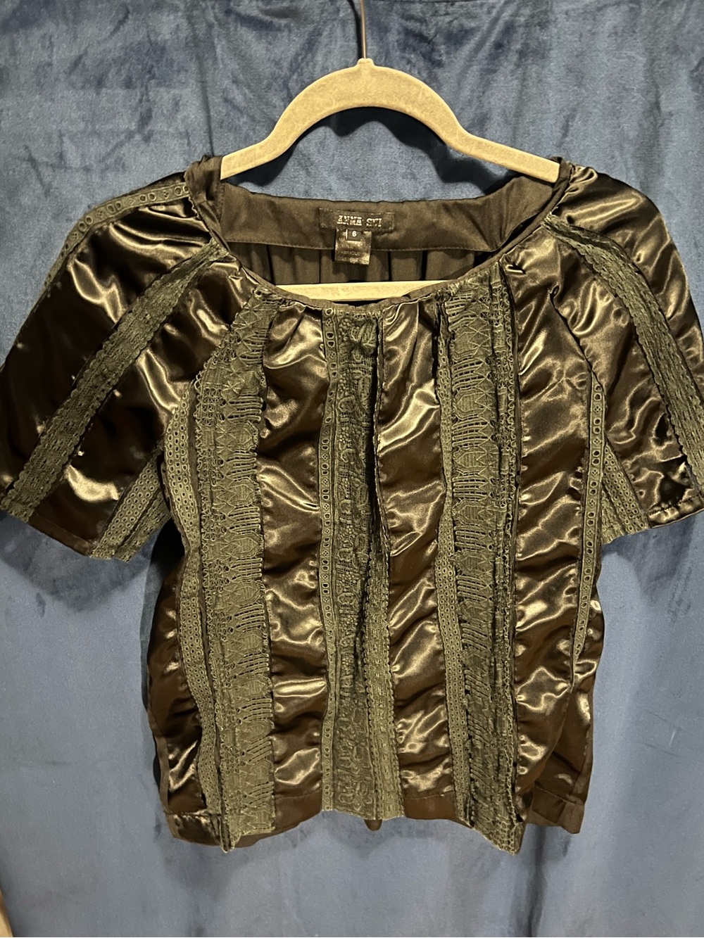 Anna Sui Black Satin Short Sleeve Lace-Trim Blouse